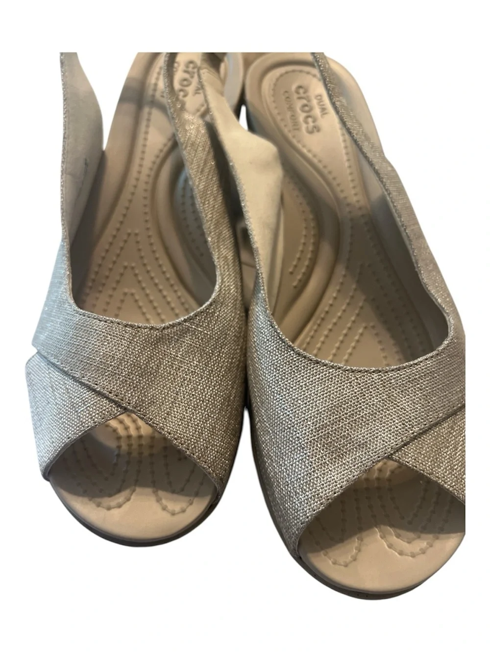 CROCS Leigh Ann Metallic fabric Gold Slingback Wedge Sandals - Picture 2 of 5